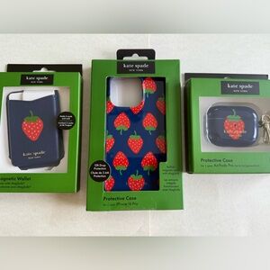 Kate Spade Navy Strawberry iPhone 16 Pro/ Max, Magnetic Wallet & AirPod Pro Case